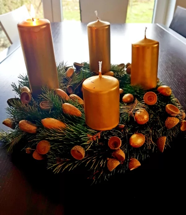 Adventni venček z pozlačenim želodom in želodovimi kapicami.